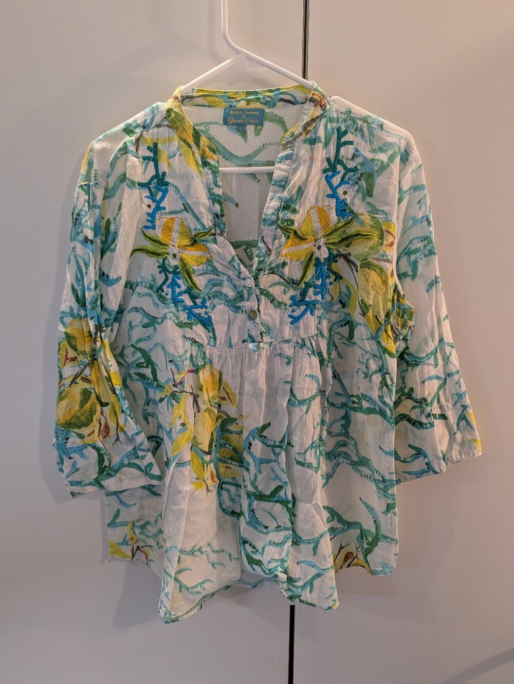 Antica Sartoria Lightweight White Floral Peasant Top with Yellow & Teal Print XL